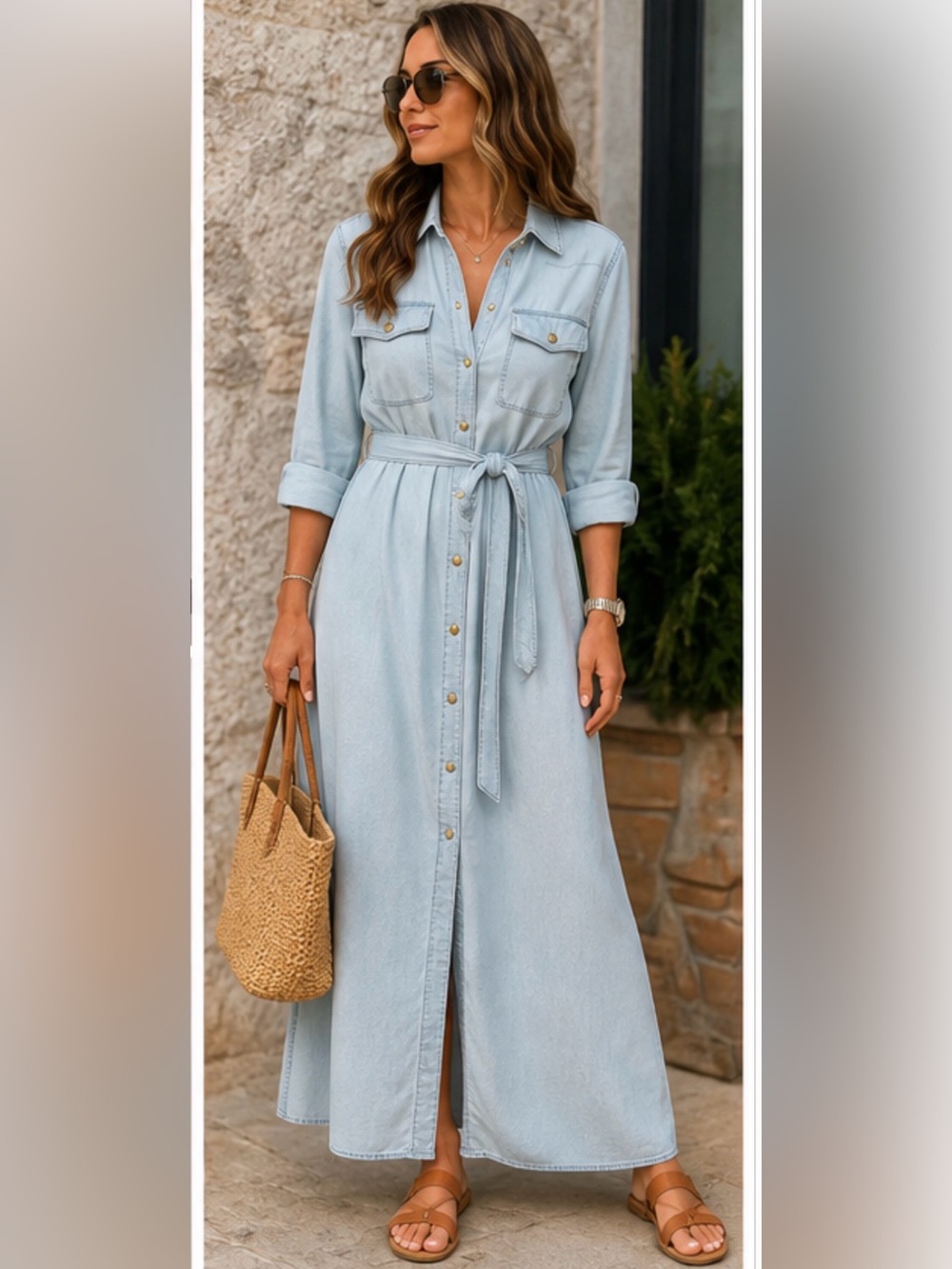 Michael Kors Light Blue denim Button-Front Maxi Dress with Waist belt